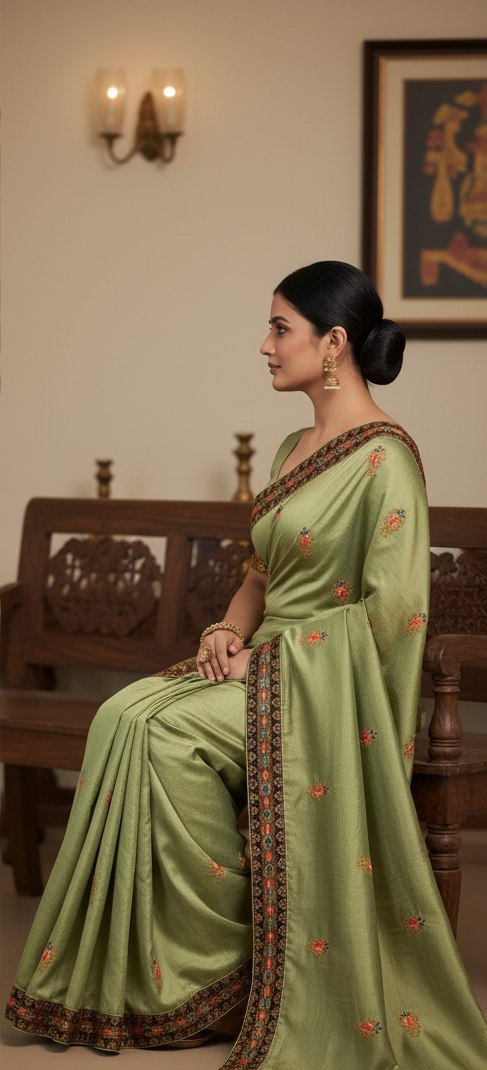 Olive Green Embroidered Saree with Contrast Border