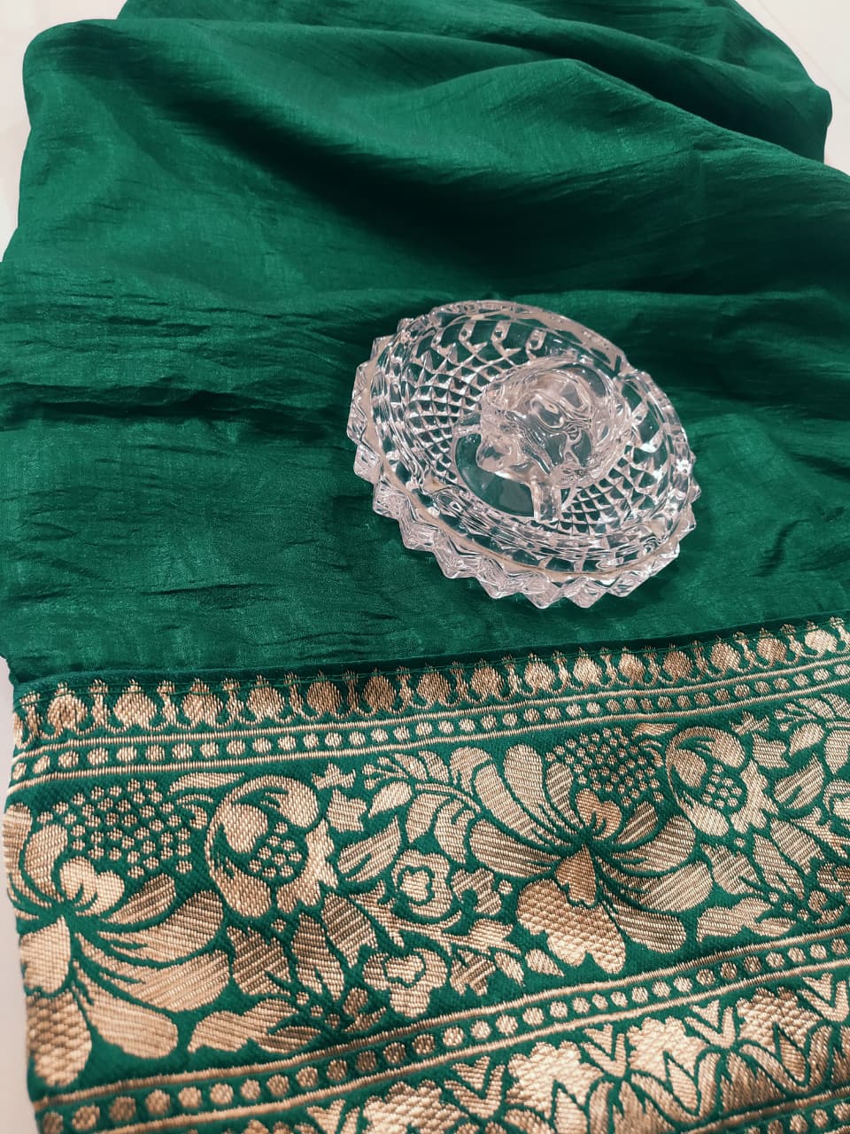 Dark Green Silk Saree with Golden Zari Border & Blouse Piece