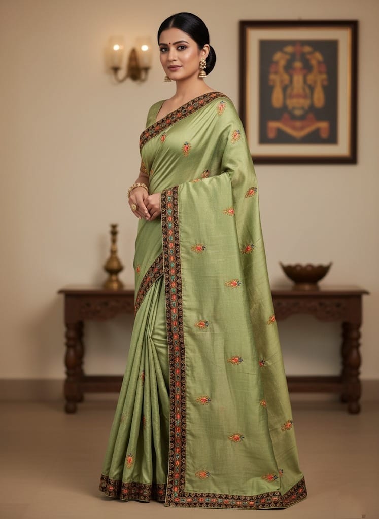 Olive Green Embroidered Saree with Contrast Border