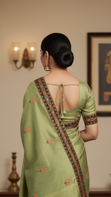 Olive Green Embroidered Saree with Contrast Border