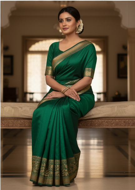 Dark Green Silk Saree with Golden Zari Border & Blouse Piece
