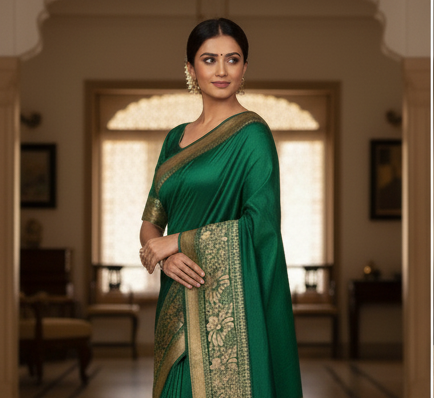 Dark Green Silk Saree with Golden Zari Border & Blouse Piece