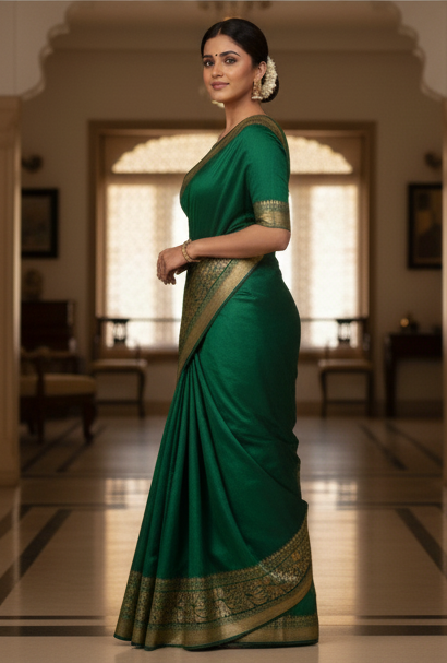 Dark Green Silk Saree with Golden Zari Border & Blouse Piece