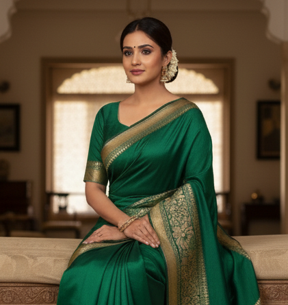 Dark Green Silk Saree with Golden Zari Border & Blouse Piece