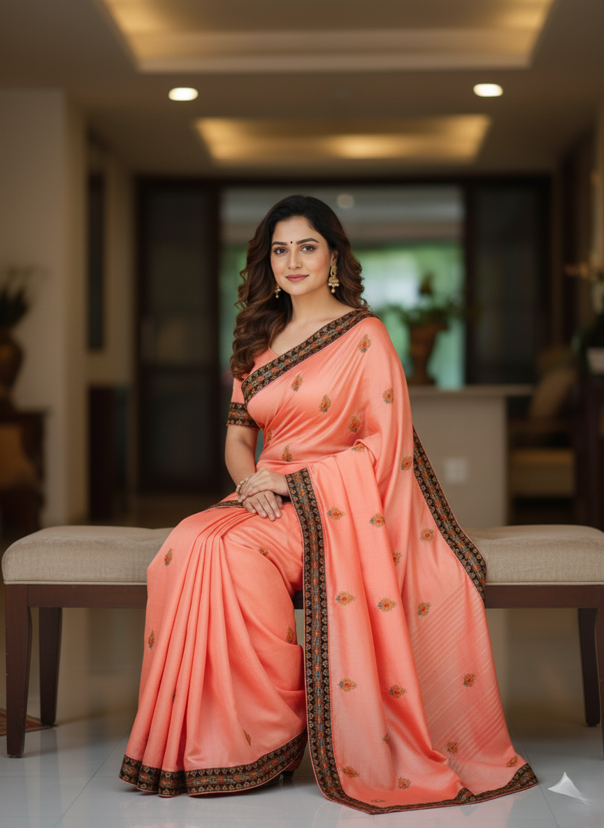 Peach Pink Embroidered Saree with Black Zari Border – Elegant Festive Wear