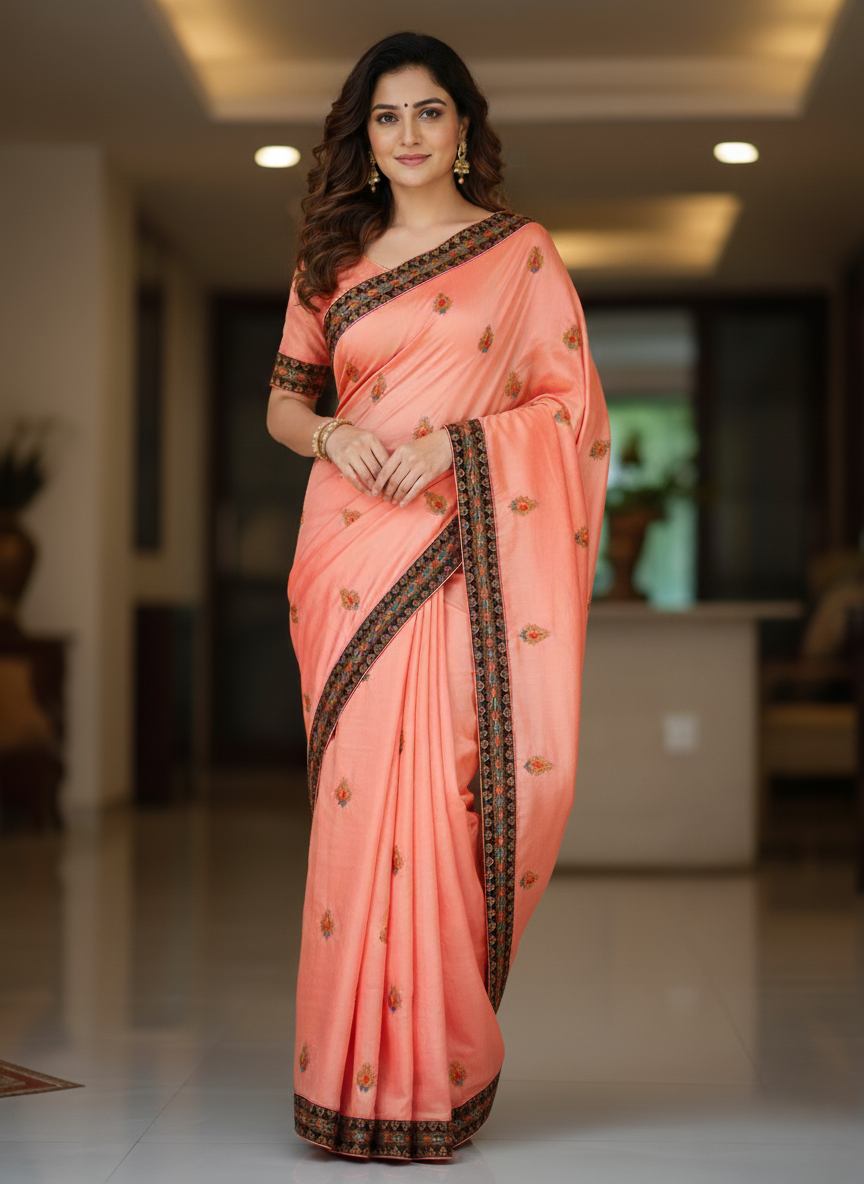 Peach Pink Embroidered Saree with Black Zari Border – Elegant Festive Wear