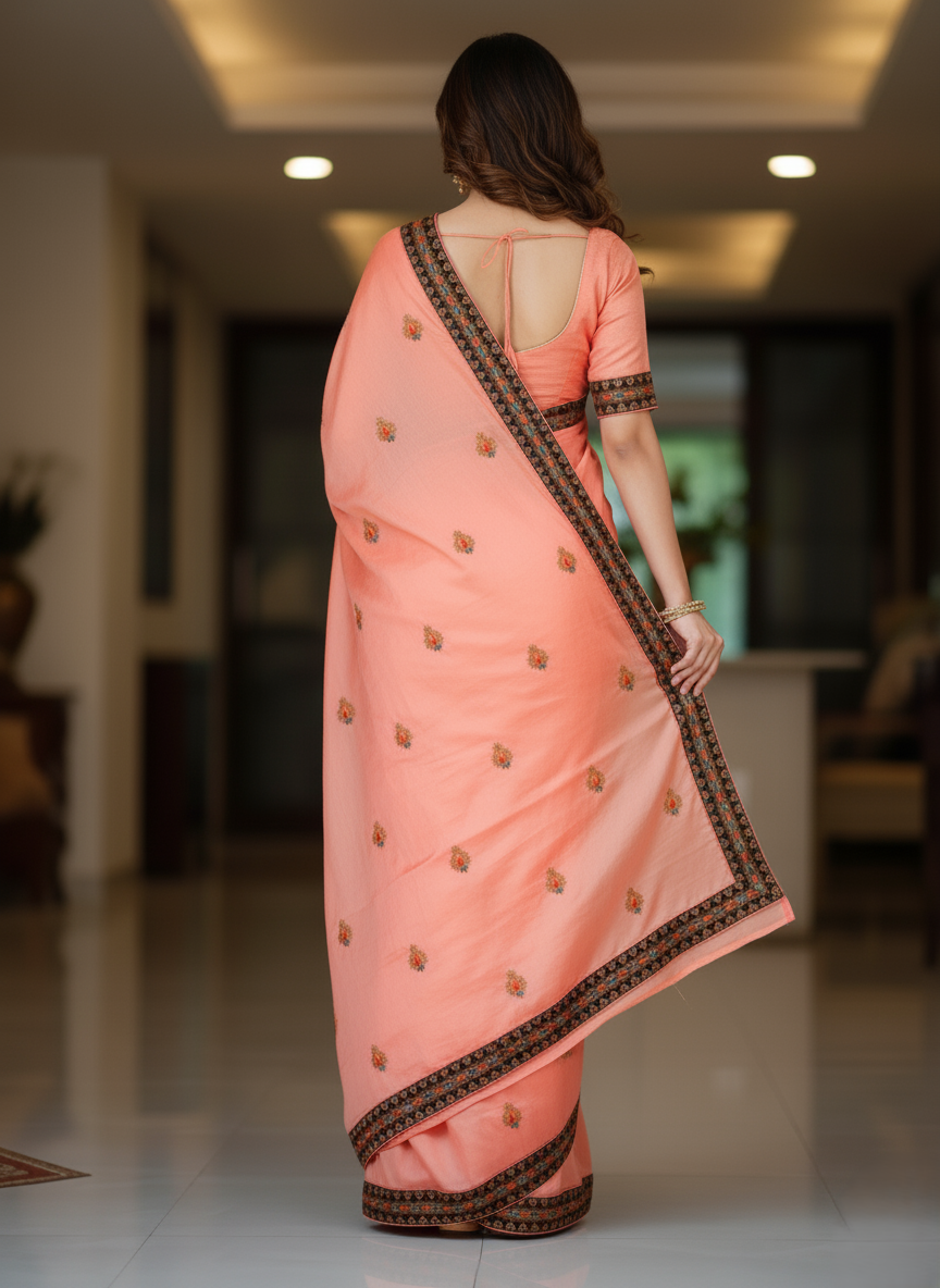 Peach Pink Embroidered Saree with Black Zari Border – Elegant Festive Wear