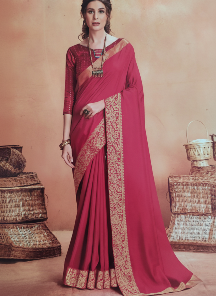 Ruby Red Banarasi Style Saree with Golden Zari Border – Festive & Wedding Wear
