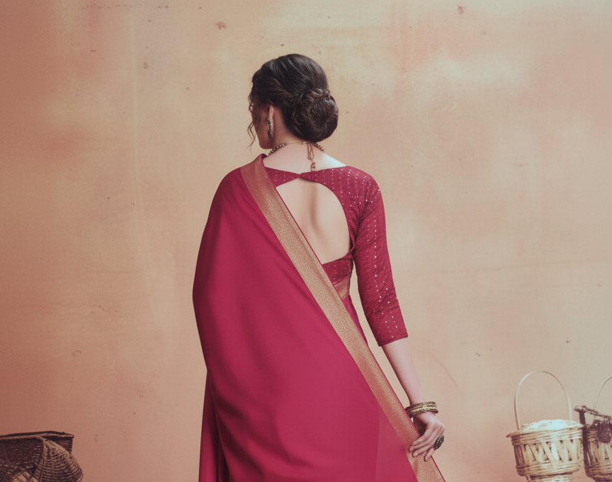 Ruby Red Banarasi Style Saree with Golden Zari Border – Festive & Wedding Wear