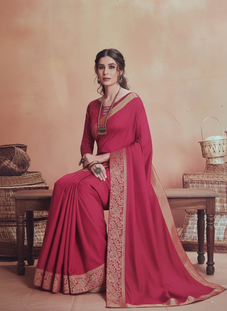 Ruby Red Banarasi Style Saree with Golden Zari Border – Festive & Wedding Wear